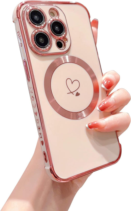Hosgor Compatible with Iphone 14 Pro Max Case for Women 2022, Luxury Love Heart Pattern Plating Cover, Compatible with Magsafe Soft TPU Shockproof Compatible with Iphone 14 Pro Max Case 5G (Pink)  Hosgor   