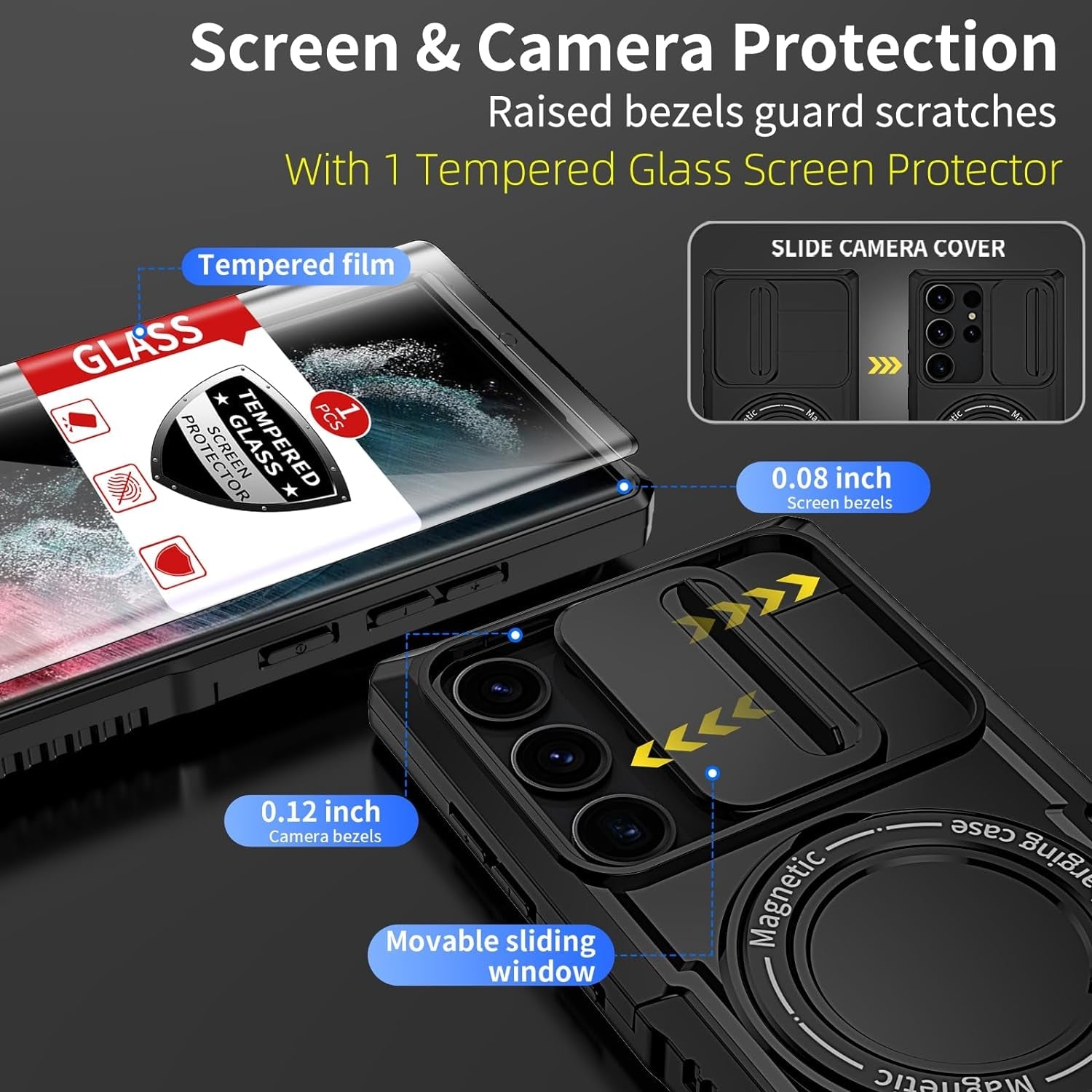 For Magnetic Samsung Galaxy S22 Ultra Case Compatible with Magsafe Galaxy S22 Ultra Case with Screen Protector,With Magnetic Stand&Camera Cover Protection Shockproof Galaxy S22Ultra Case Black