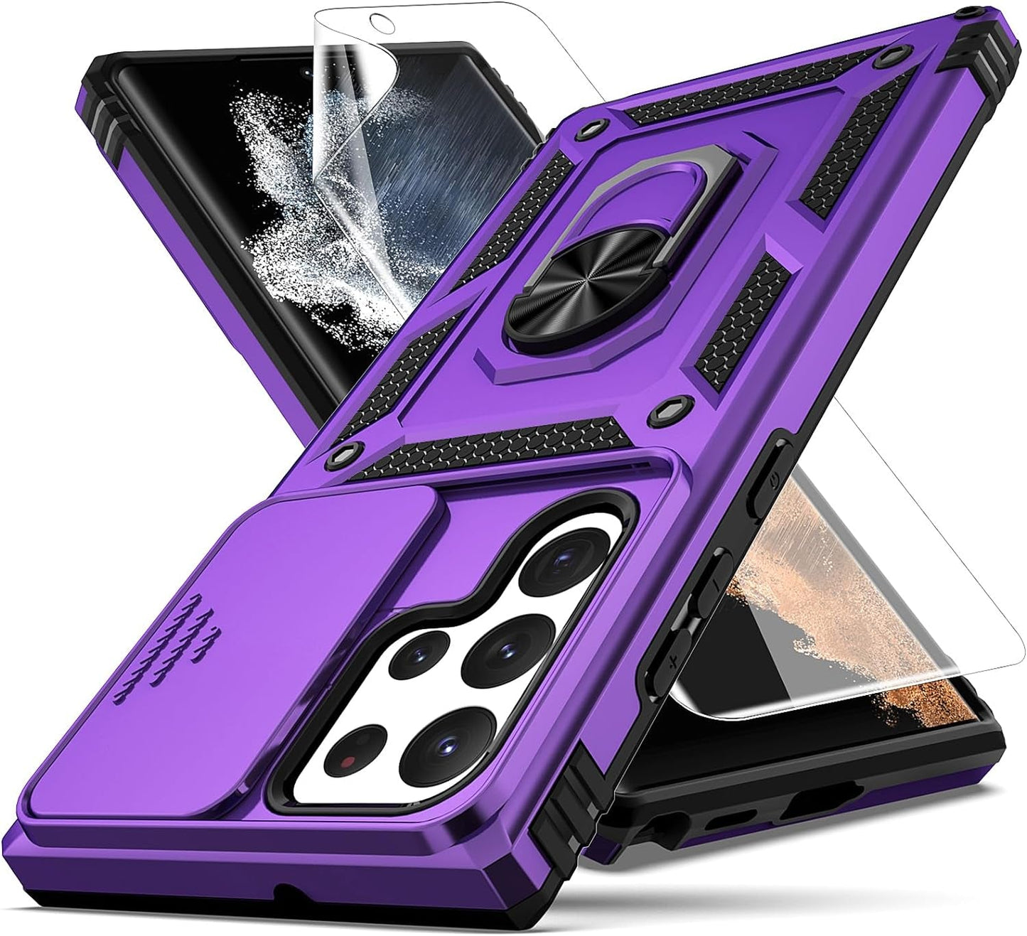 For Samsung Galaxy S22 Ultra Case,With Camera Lens Cover HD Screen Protector,[Military Grade] Ring Car Mount Kickstand Hybrid Hard PC Soft TPU Shockproof Protective Case for Galaxy S22 Ultra, Red