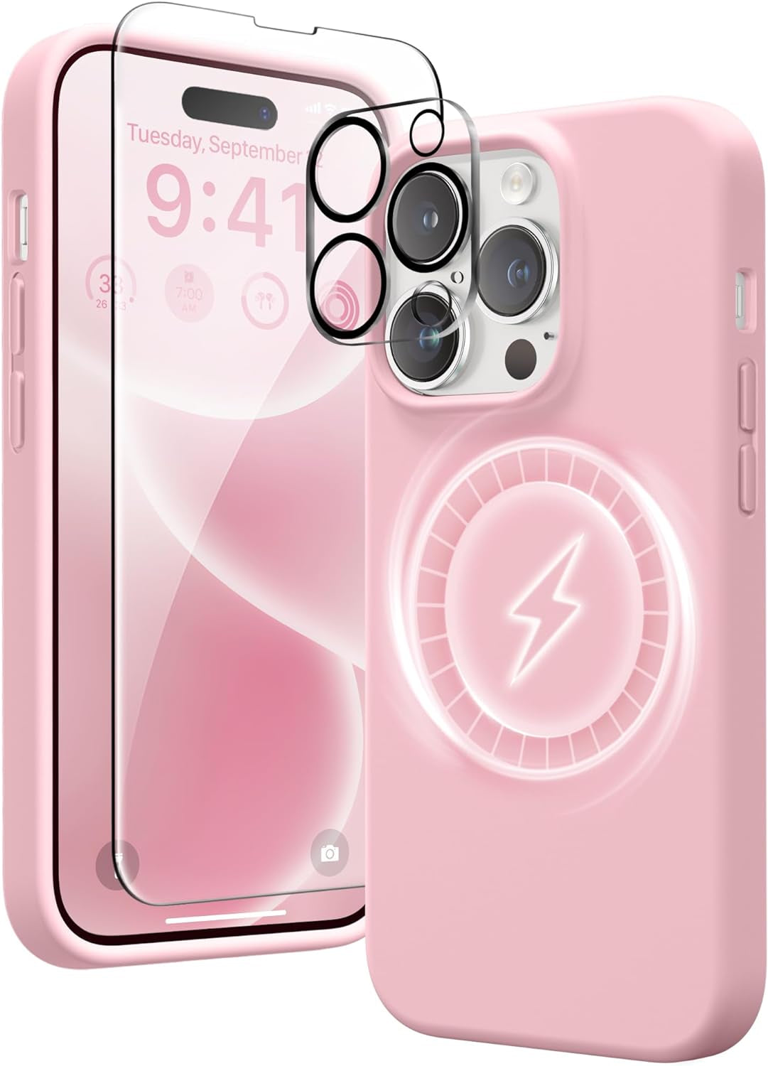 GONEZ for Iphone 14 Pro Max Case Silicone, Compatible with Magsafe, with 2X Screen Protector + 2X Camera Lens Protector, Liquid Silicone Shockproof Protective Iphone 14 Promax Case, Blue  GONEZ Peach Pink  