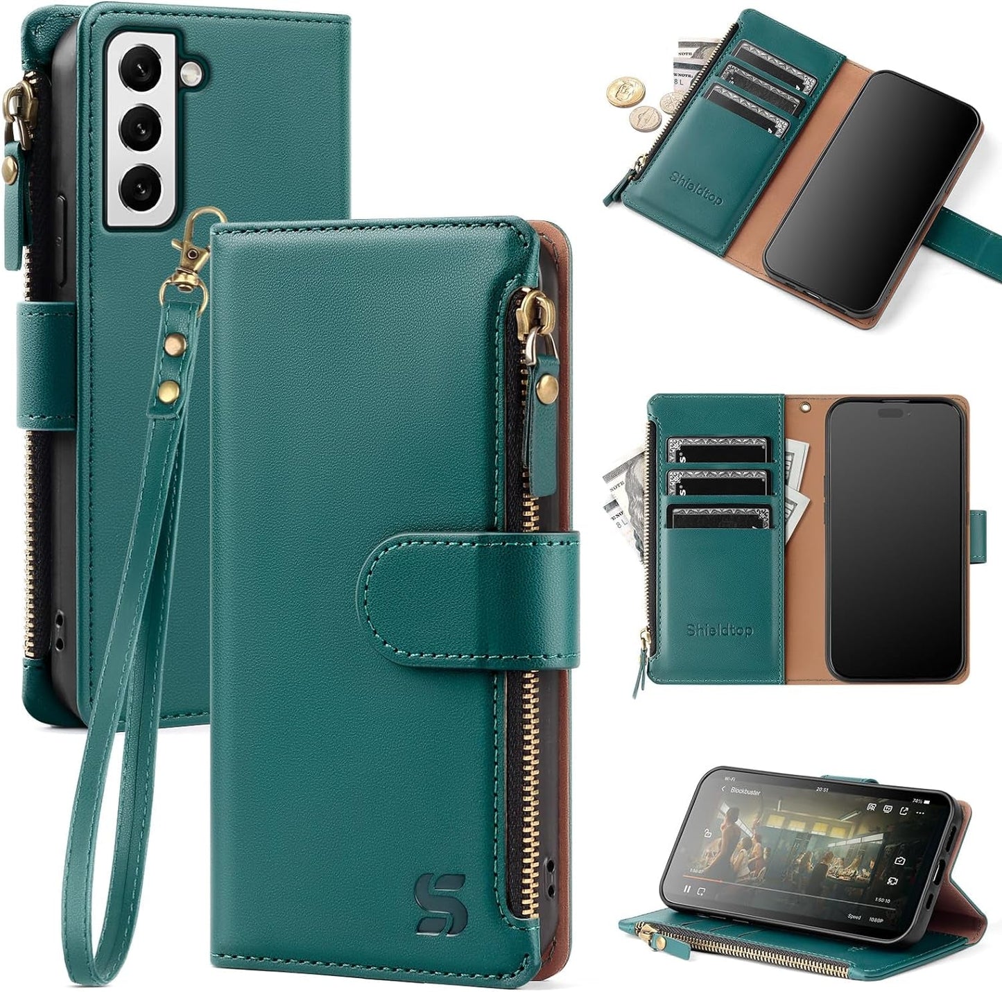For Samsung Galaxy S22 Wallet Case,Galaxy S22 Phone Case PU Leather Flip Folio Protective Cover Wrist Strap Zipper Pocket Credit Card Slots Holder RFID Blocking,For Women Men,Blue Green