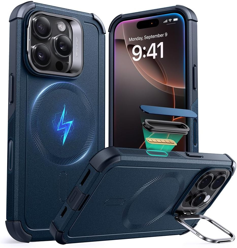 ESR for Iphone 17 Pro Case with Stash Stand, 7X Military-Grade Drop Protection with Camera Control, Shock-Absorbing Phone Rugged Cover, Compatible with Magsafe Accessories, Cyber Series, Black