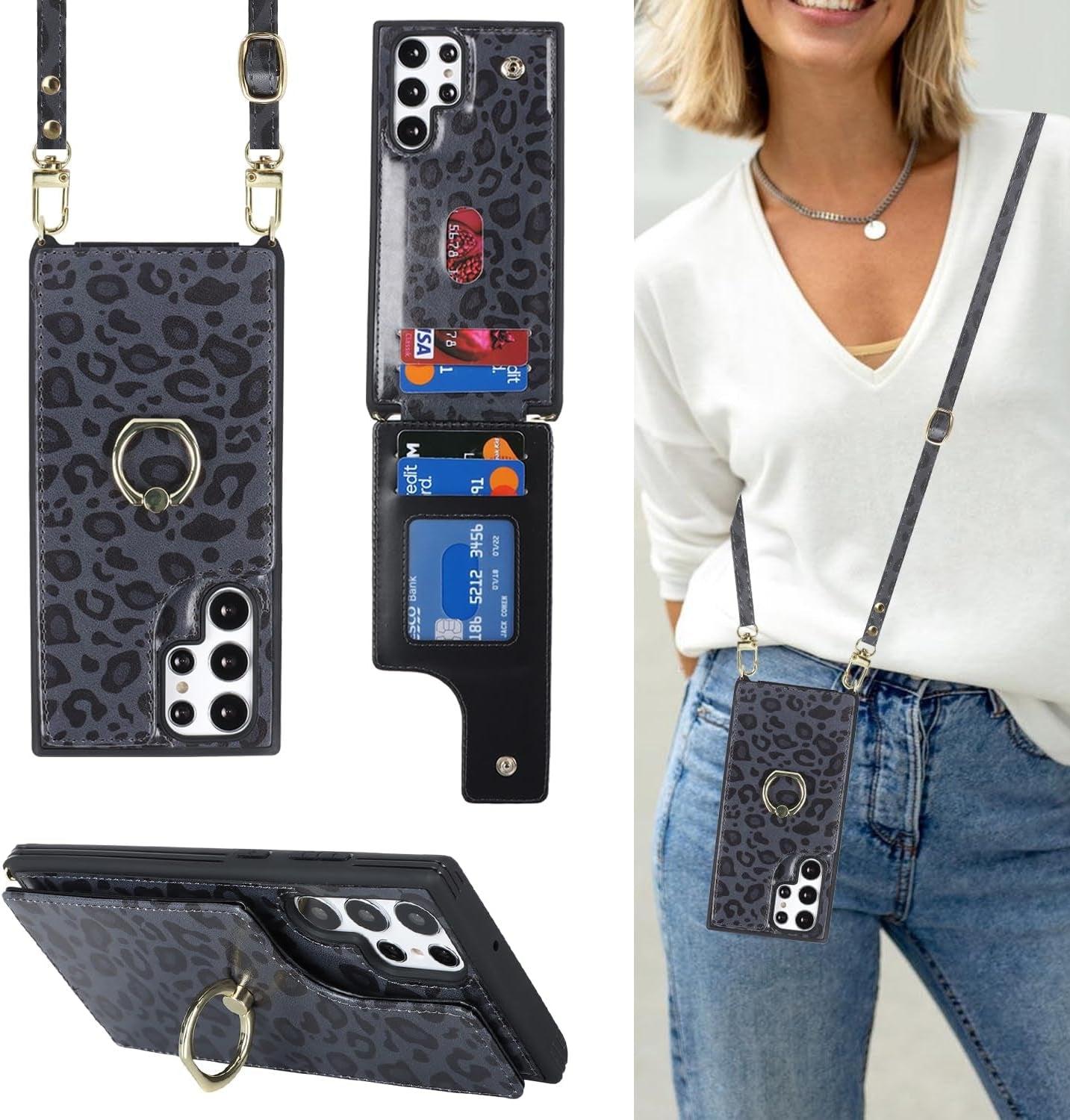 For Samsung Galaxy S22 Ultra Case with Card Holder and Strap for Women,Crossbody Lanyard,Ring Stand,Snap Clasp,Phone Wallet Cases 6.8 Inch(Purple)