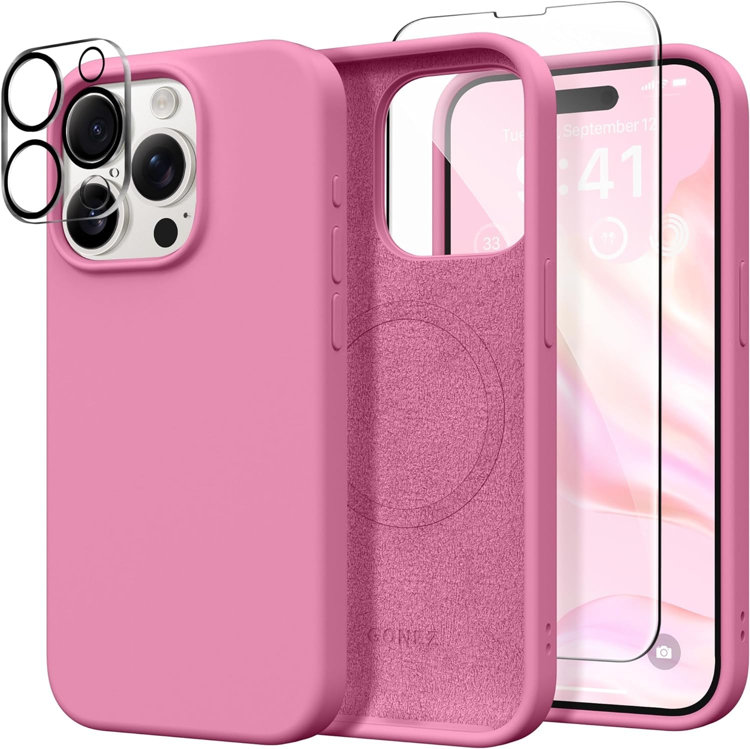 GONEZ for Iphone 15 Pro Case Compatible with Magsafe, [2X Screen Protector + 2X Camera Lens Protector], Soft Silicone Shockproof Anti-Scratch Full Body Protective Phone Case 6.1" 2023, Dark Grey  GONEZ Raspberry  