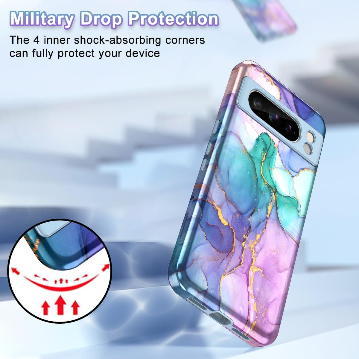 Btscase for Google Pixel 8 Pro Case (2023), Marble Pattern 3 in 1 Heavy Duty Shockproof Full Body Rugged Hard Pc+Soft Silicone Drop Protective Women Girl Cover for Google Pixel 8 Pro, Blue Pink  Btscase   