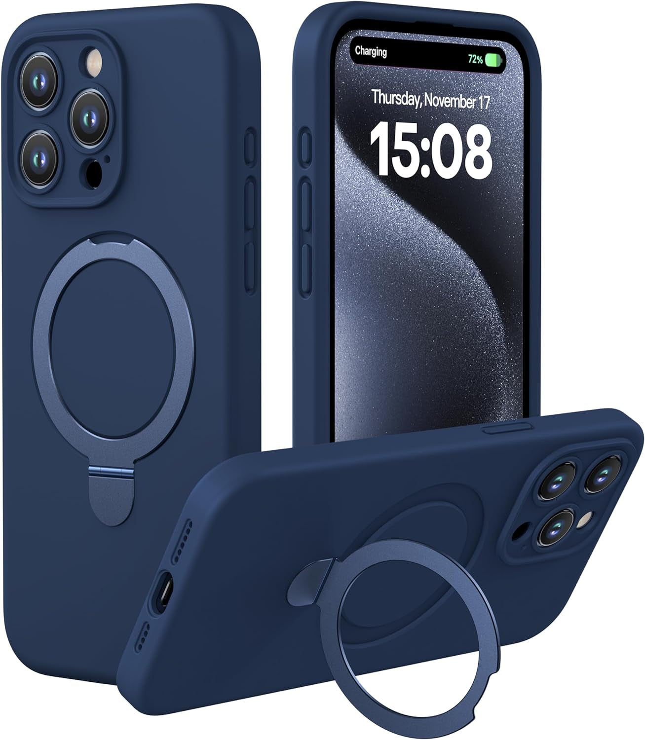 Cellever Magnetic Silicone for Iphone 15 Pro Case [Camera Cover] Military Grade Protection [Compatible with Magsafe] [Slim] Durable Soft Grip Cover with Kickstand, Black  CellEver Navy Blue  
