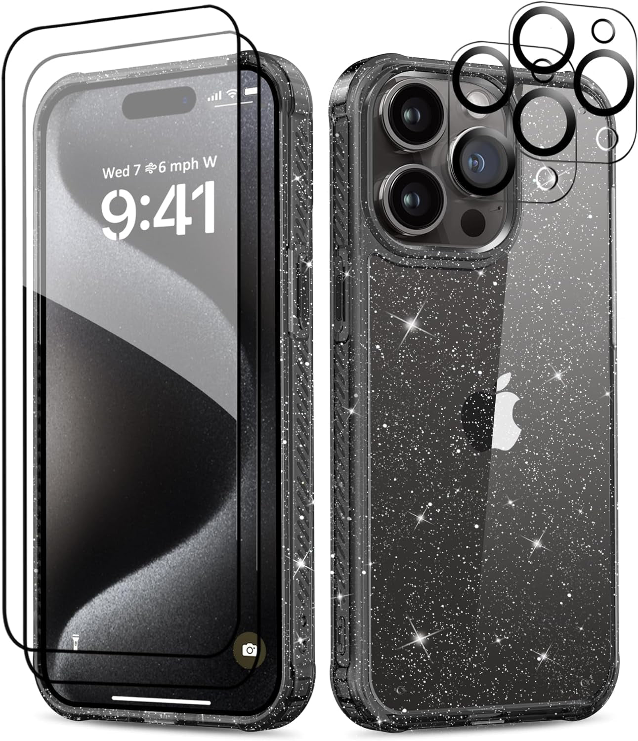 MIODIK Case Compatible with Iphone 15 Pro Clear Glitter, 2Pcs Screen Protector + 2Pcs Camera Protector, Women Cute [Military-Grade Protective] [Anti-Yellowing] Slim Cover 6.1" 2023 (Sparkle Black)  MIODIK Black  