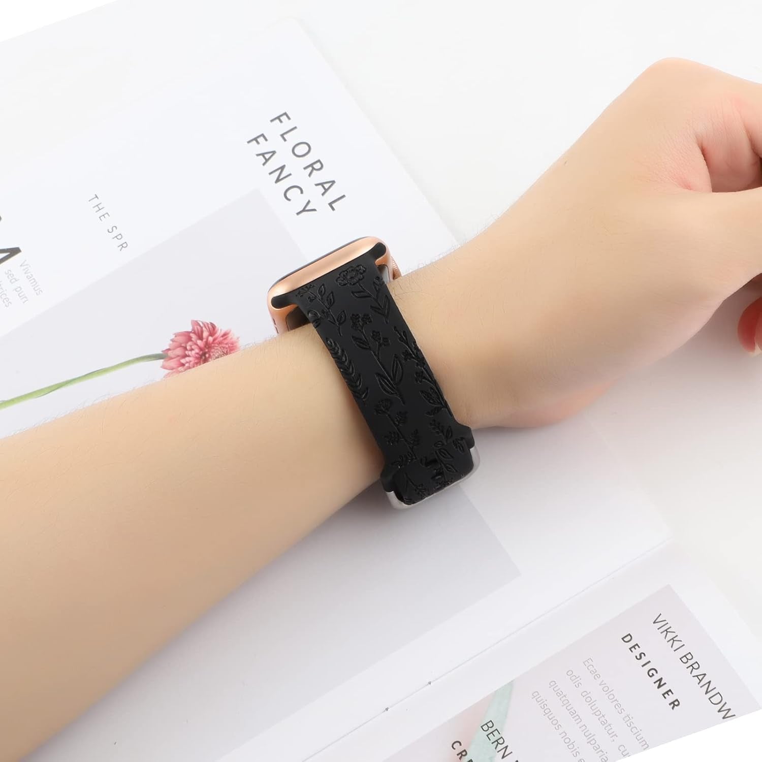 Floral Engraved Sport Bands Compatible with Apple Watch Band 38Mm 40Mm 41Mm, Women Cute Flower Pattern Soft Silicone Strap Smartwatch Wristband Accessories for Iwatch Series 8 7 6 5 4 3 2 1 SE