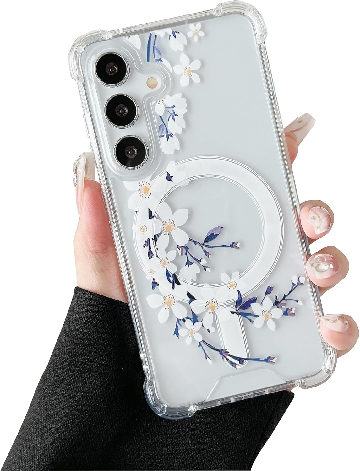 DEFBSC Magnetic Case for Samsung Galaxy S22 Ultra [Work with Magsafe] Clear Floral Flower Pattern Print Design Flexible Acrylic Shockproof Cover Flower Protective Phone Case, Purple Peony