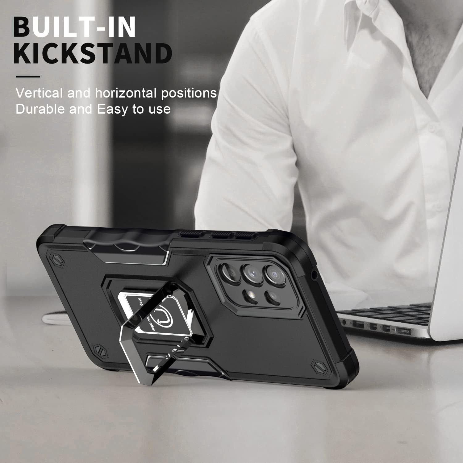 For Samsung Galaxy A53 Case with Tempered Glass Screen Protector [2 Pack],Galaxy A53 5G Military Grade Shockproof Protective & Built in Metal Ring Magnetic Kickstand Cover (Black)