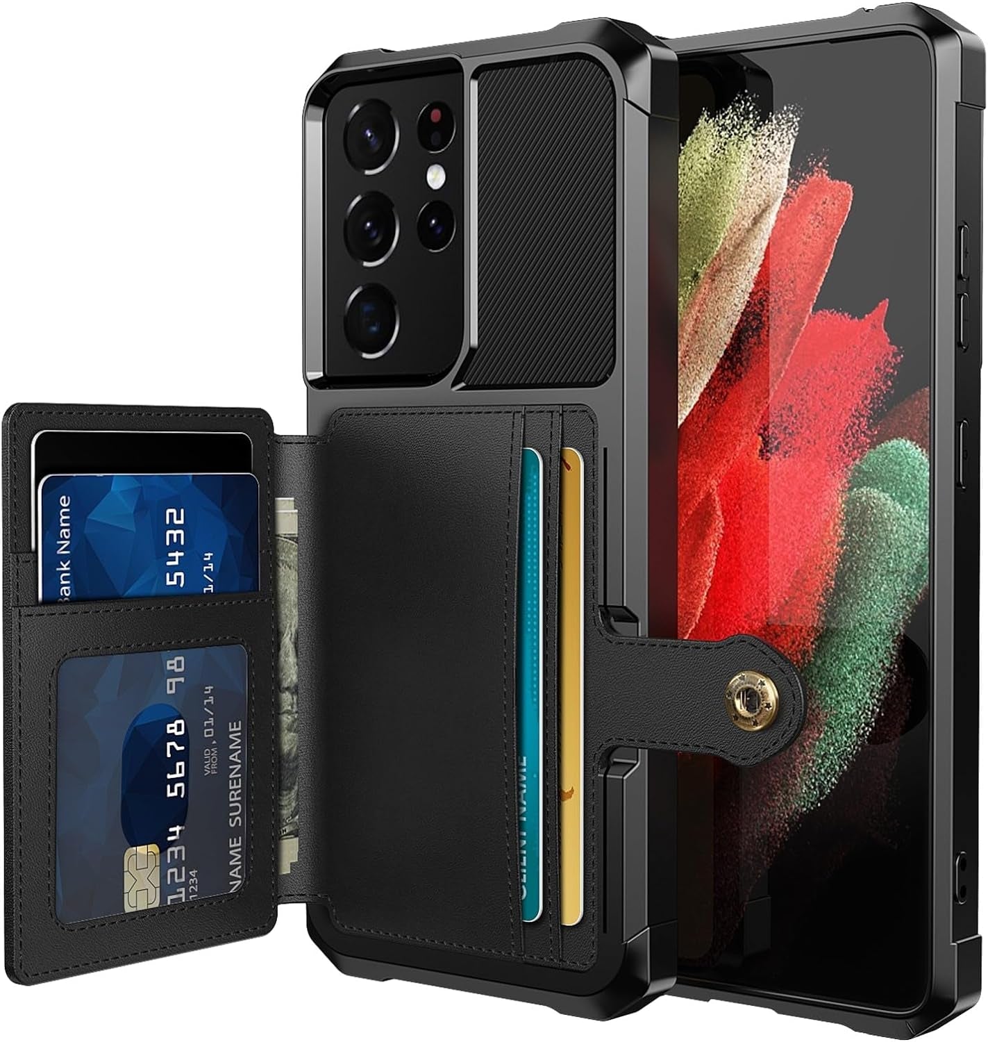 For Samsung Galaxy S22 Ultra Case with Card Holder, Compatible with Magnetic Car Mount, Heavy Duty Shockproof Rugged Soft TPU Back Leather Flip Wallet Cover 6.8 Inch, Red