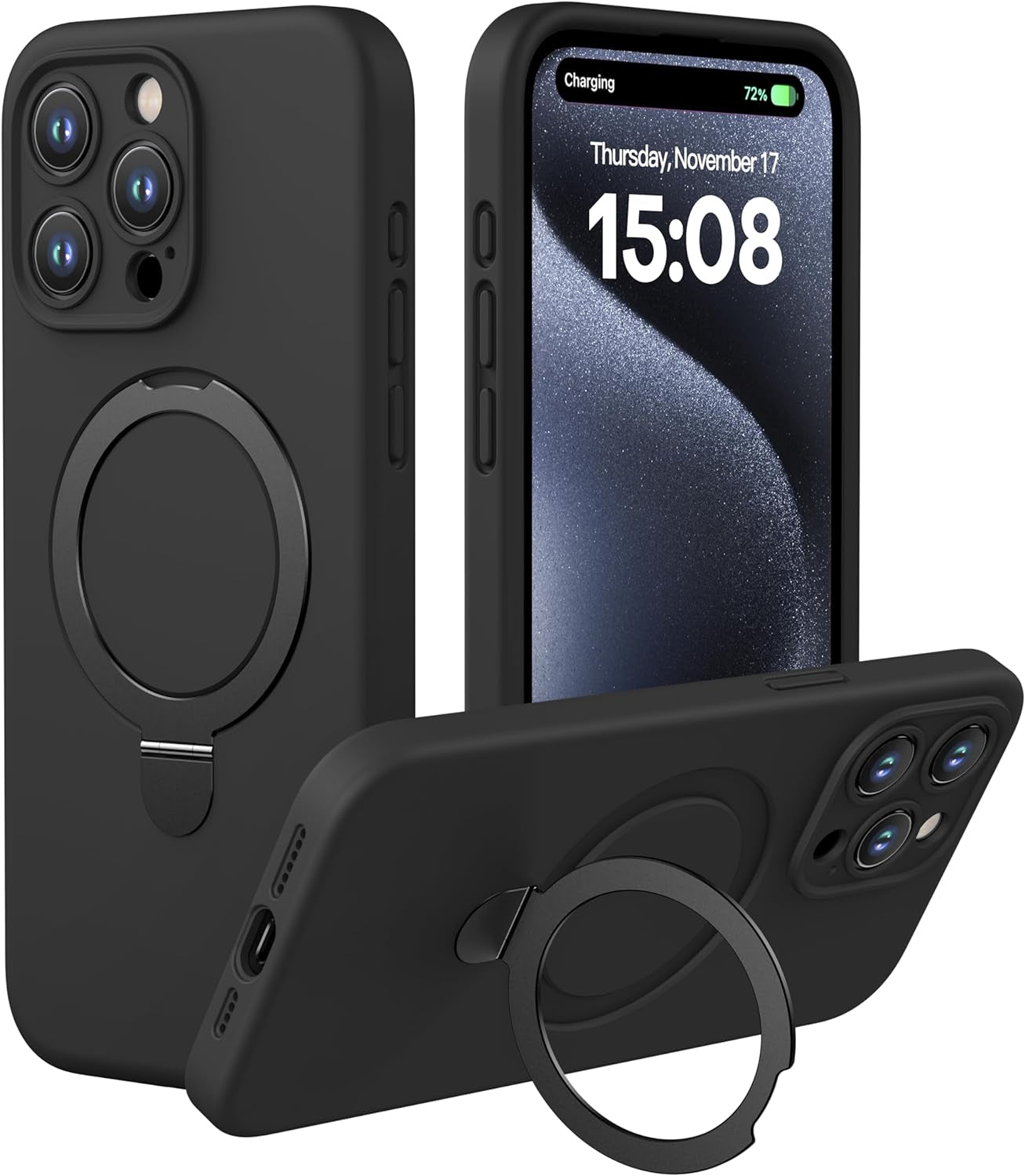 Cellever Magnetic Silicone for Iphone 15 Pro Case [Camera Cover] Military Grade Protection [Compatible with Magsafe] [Slim] Durable Soft Grip Cover with Kickstand, Black  CellEver Black  