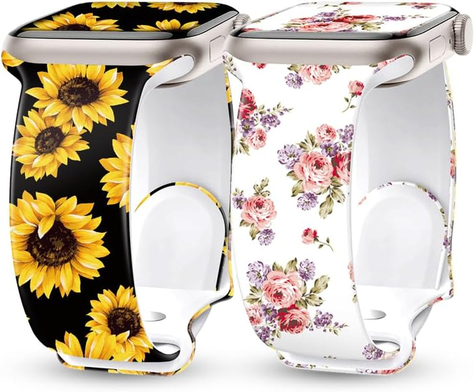 2 Pack Silicone Floral Band for Apple Watch Bands 41Mm 40Mm 38Mm for Women, Cute Flower Printed for Iwatch Bands, Fancy Dressy Soft Sport Strap for Apple Watch Band Series 9 8 7 SE 6 5 4 3