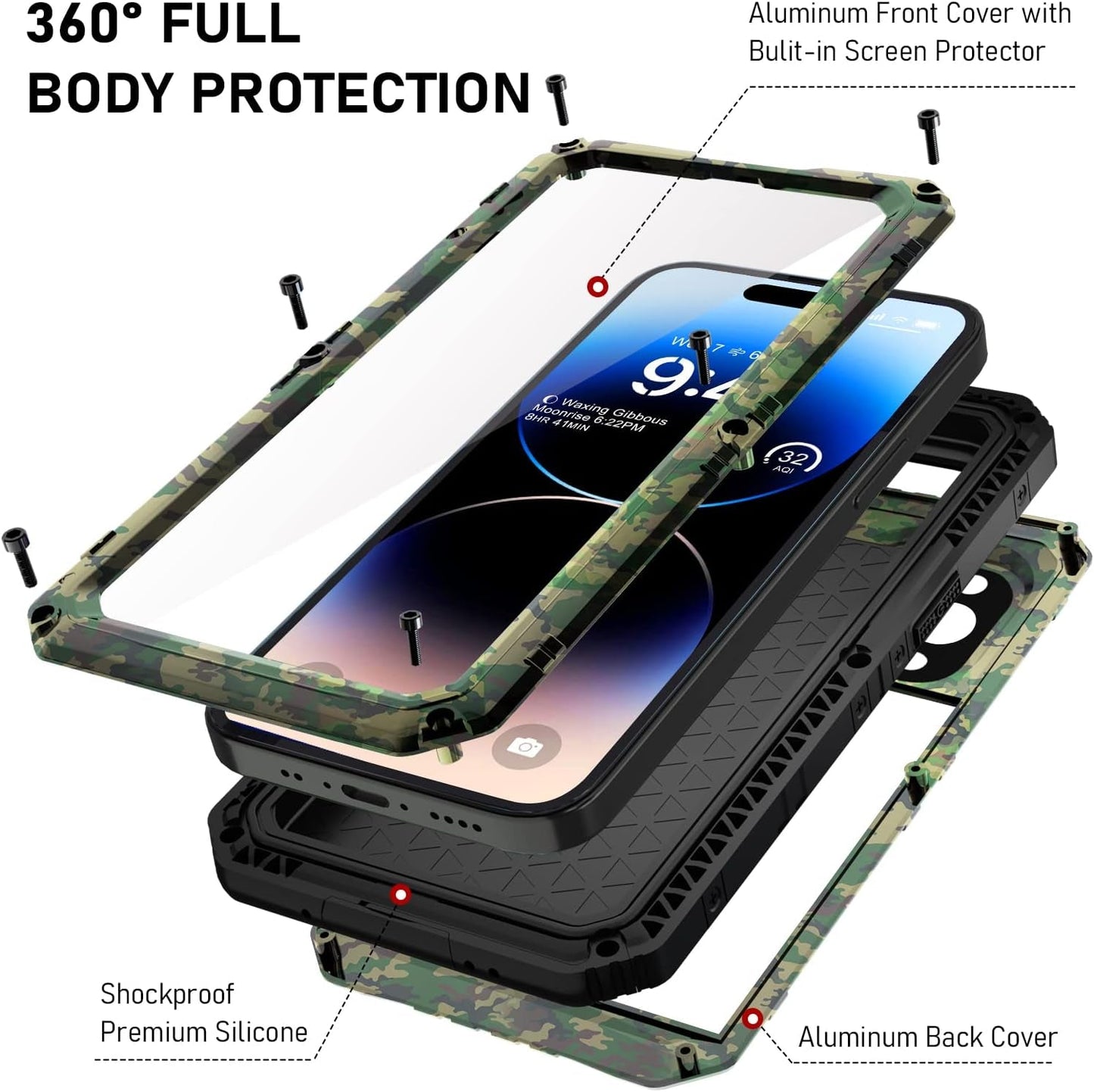 Beasyjoy Waterproof Case for Iphone 14 Pro, Metal Full Body Sealed Phone Case with Built-In Screen Protector, Military Grade Heavy Duty Defender Armor Shockproof Rugged Case 6.1 Inch, Camo  Beasyjoy   