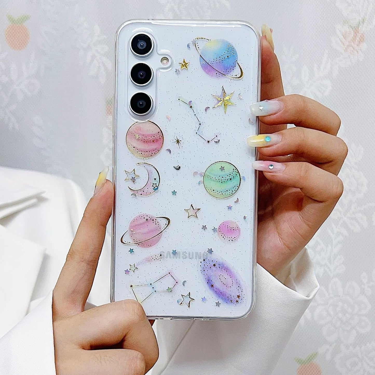 Compatible for Samsung Galaxy A53 Case, Cute Clear Cases with Design Stars and Moon Bling Glitter Planet Aesthetic Soft Silicone Shockproof Cover Women Girls for Samsung A53 6.5'', Space