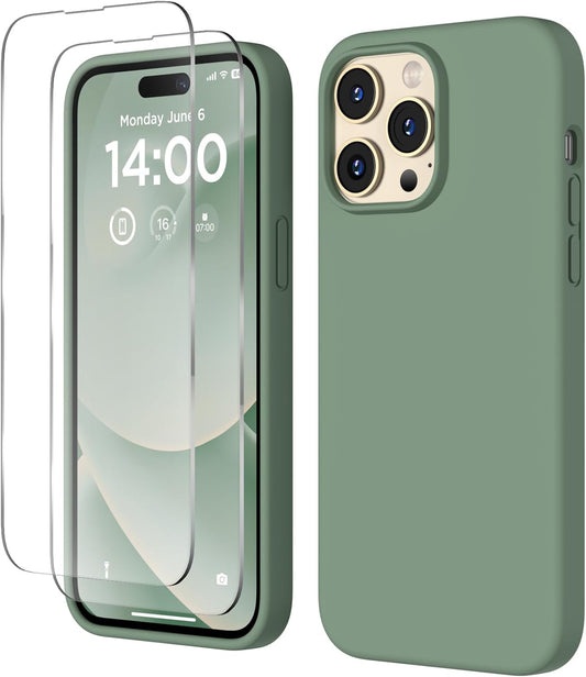 COFFKER Designed for Iphone 14 Pro Max Case, Liquid Silicone Case [2X Screen Protectors], Shockproof Slim Thin Protective Phone Case with Soft Anti-Scratch Microfiber Lining, 6.7 Inch, Calke Green  COFFKER   