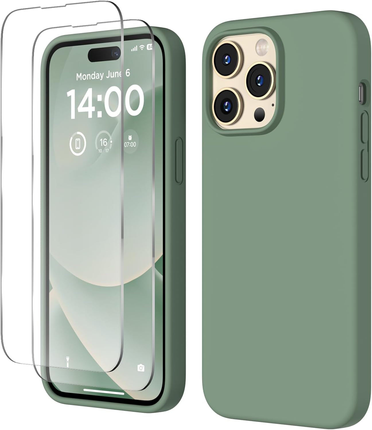 COFFKER Designed for Iphone 14 Pro Max Case, Liquid Silicone Case [2X Screen Protectors], Shockproof Slim Thin Protective Phone Case with Soft Anti-Scratch Microfiber Lining, 6.7 Inch, Calke Green  COFFKER Calke Green  