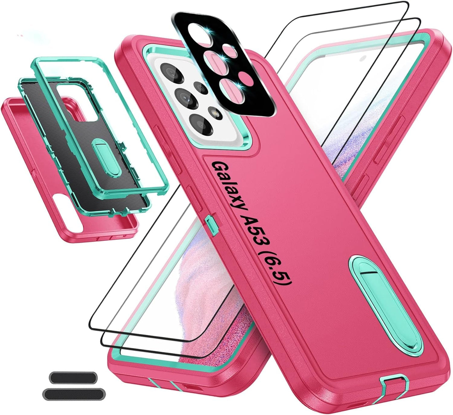 Case Is Specially Designed for Galaxy A53(5G) 6.5 Inch, Full Body Protection Heavy Duty Shock Absorbing 3 in 1 Silicone Rubber Built-In Stand with 2 Tempered Screen Protectors-Orange/Clear