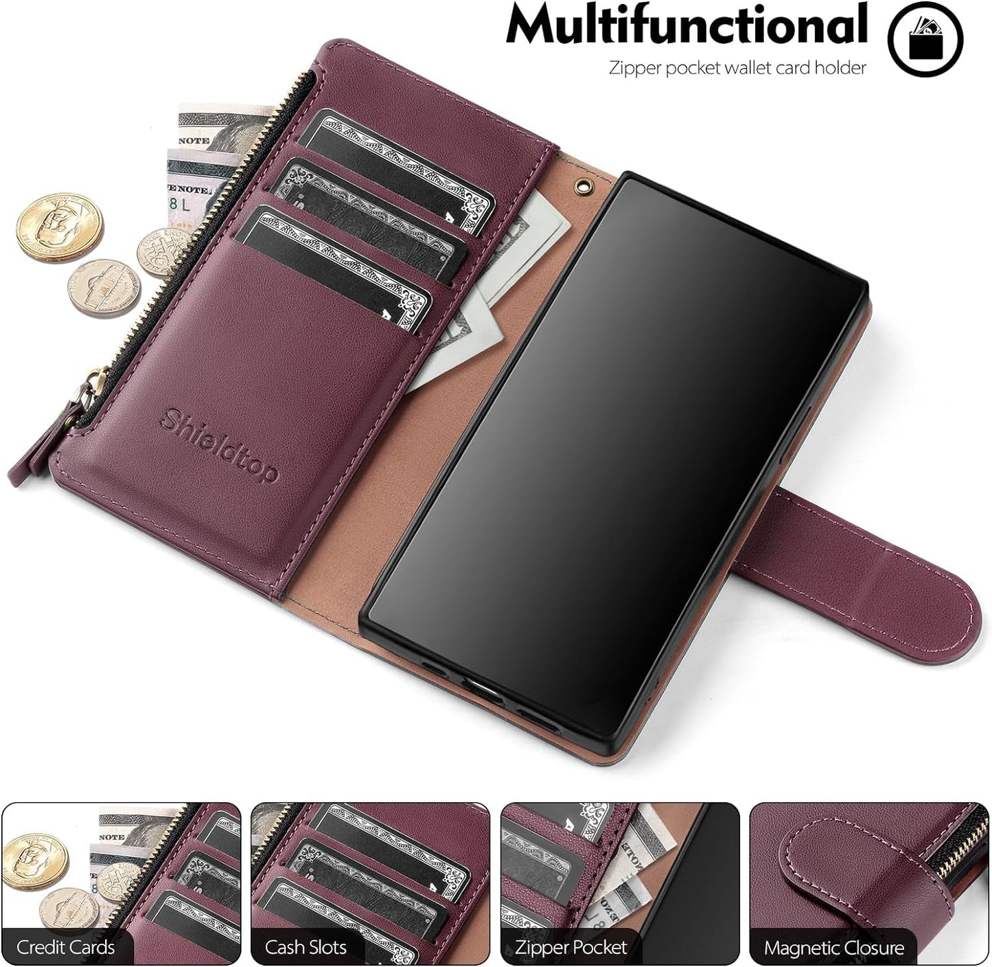 For Samsung Galaxy S22 Ultra 5G Wallet Case,Galaxy S22 Ultra Phone Case PU Leather Flip Folio Protective Cover Zipper Pocket Credit Card Slots Holder RFID Blocking,For Women Men,Wine Red