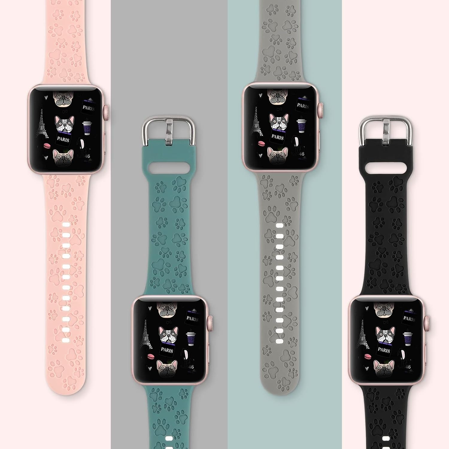 4 Pack Dog Paw Engraved Strap Compatible with Apple Watch Bands 38Mm 40Mm 41Mm 42Mm 44Mm 45Mm, Cute Animal Print Laser Soft Silicone Sport Accessories for Iwatch Series 9 8 7 6 5 4 3 2 1 SE
