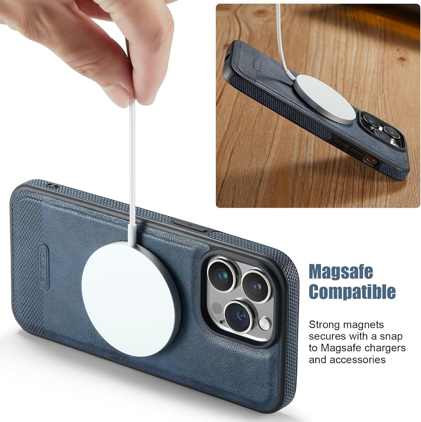 Casus Designed for Iphone 15 Pro Case Compatible with Magsafe Leather Slim Logo View Luxury Elegant Thin Cover with Tempered Glass Screen Protector (2023) 6.1" - Blue  Casus   