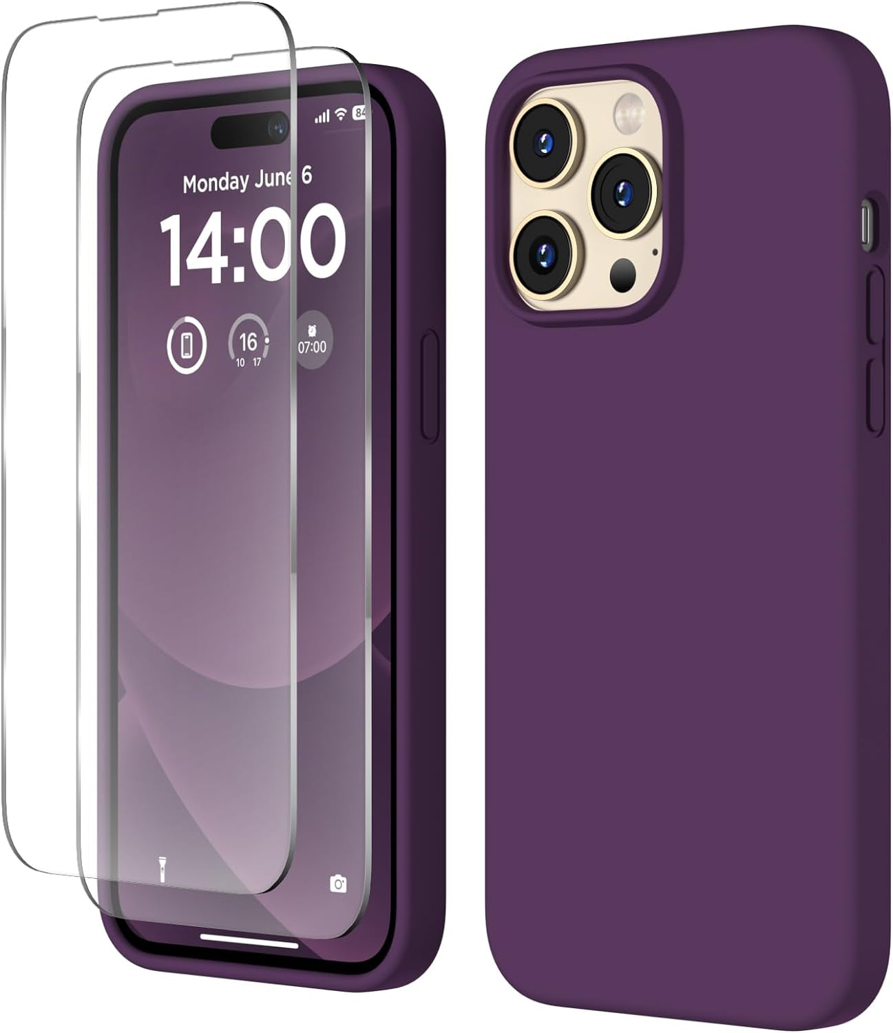 COFFKER Designed for Iphone 14 Pro Max Case, Liquid Silicone Case [2X Screen Protectors], Shockproof Slim Thin Protective Phone Case with Soft Anti-Scratch Microfiber Lining, 6.7 Inch, Calke Green  COFFKER Dark Purple  