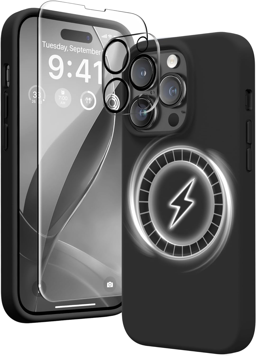 GONEZ for Iphone 14 Pro Max Case Silicone, Compatible with Magsafe, with 2X Screen Protector + 2X Camera Lens Protector, Liquid Silicone Shockproof Protective Iphone 14 Promax Case, Blue  GONEZ Black  