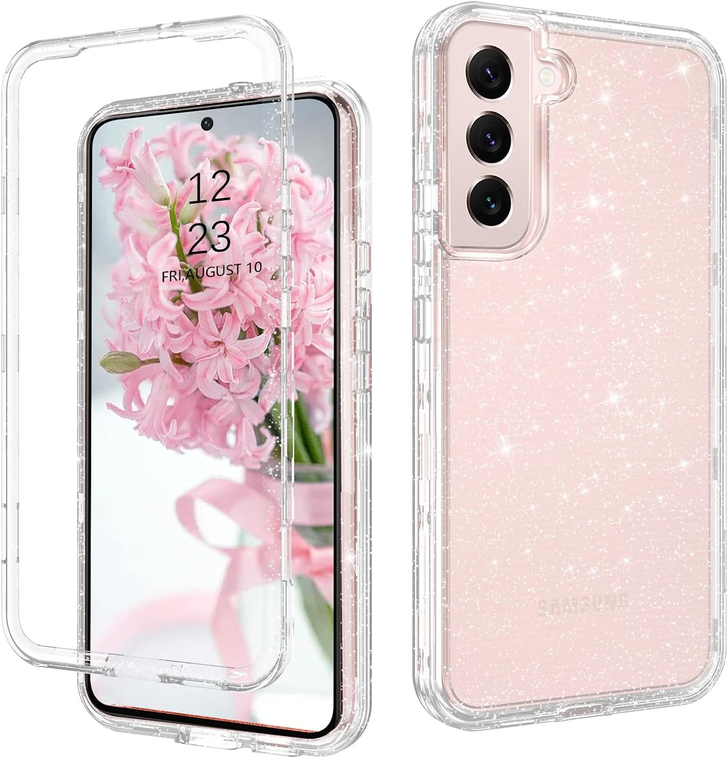 DUEDUE for Samsung Galaxy S22 6.1" 5G Case Glitter Full Body Protective 3 in 1 Heavy Duty Hybrid Hard PC Rugged Shockproof Women Girls Transparent Bling Sparkle Cover Phone Case for Samsung S22, Clear