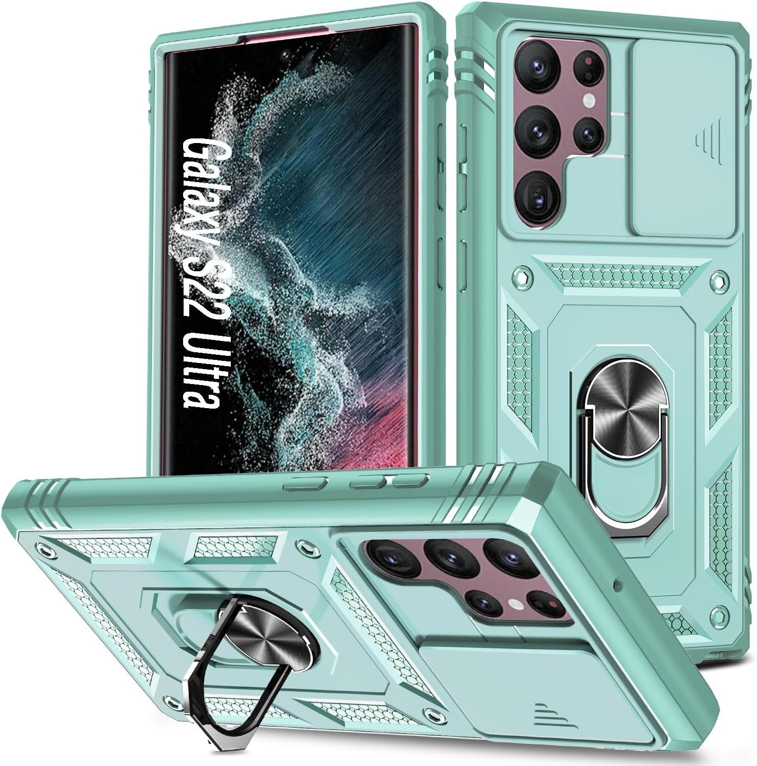 Case for Galaxy S22 Ultra, Shockproof Impact Resistant with Slide Lens Protective Cover Case for Samsung Galaxy S22 Ultra 4G/5G 6.8" (Green)