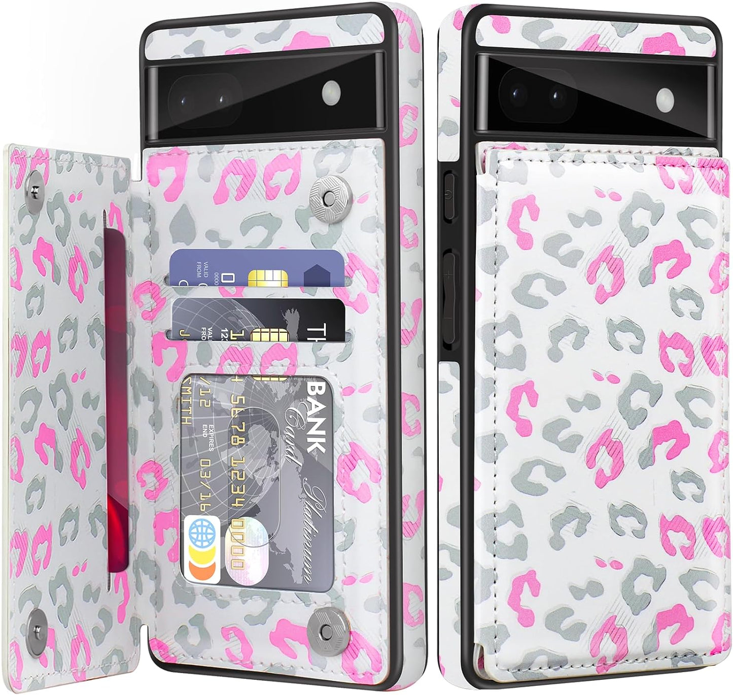 For Google Pixel 6A Case Leather Wallet with Card Holder, Flip Cover Kickstand Card Slots Magnetic Closure Shockproof Heavy Duty Protective Case for Google Pixel 6A 6.1Inch 5G-Rose Gold  Bizzib Leopard Pink  