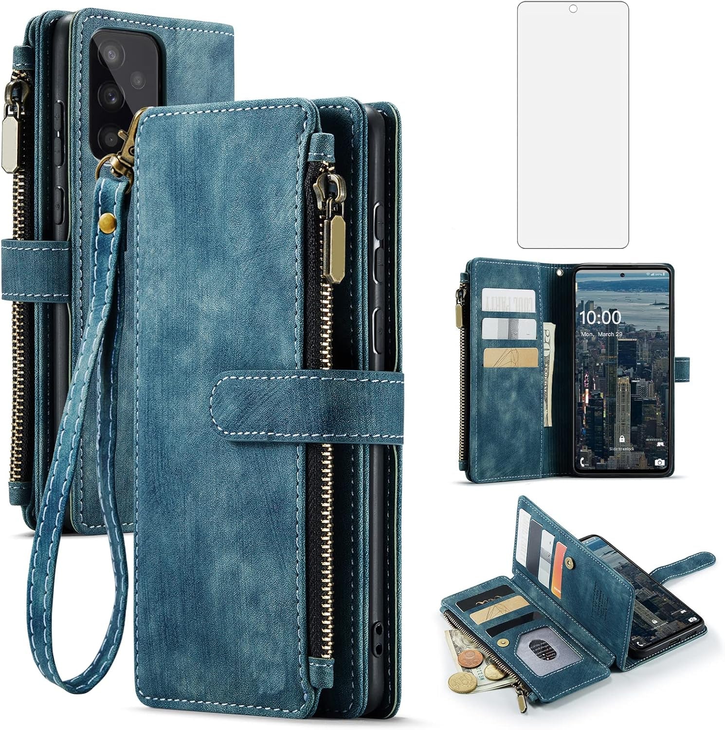 Asuwish Phone Case for Samsung Galaxy A53 5G 2022 Wallet Cover and Tempered Glass Screen Protector Leather Flip Credit Card Holder Cell Accessories Gaxaly A53 G5 Galaxies 53A SM A536U Women Men Black