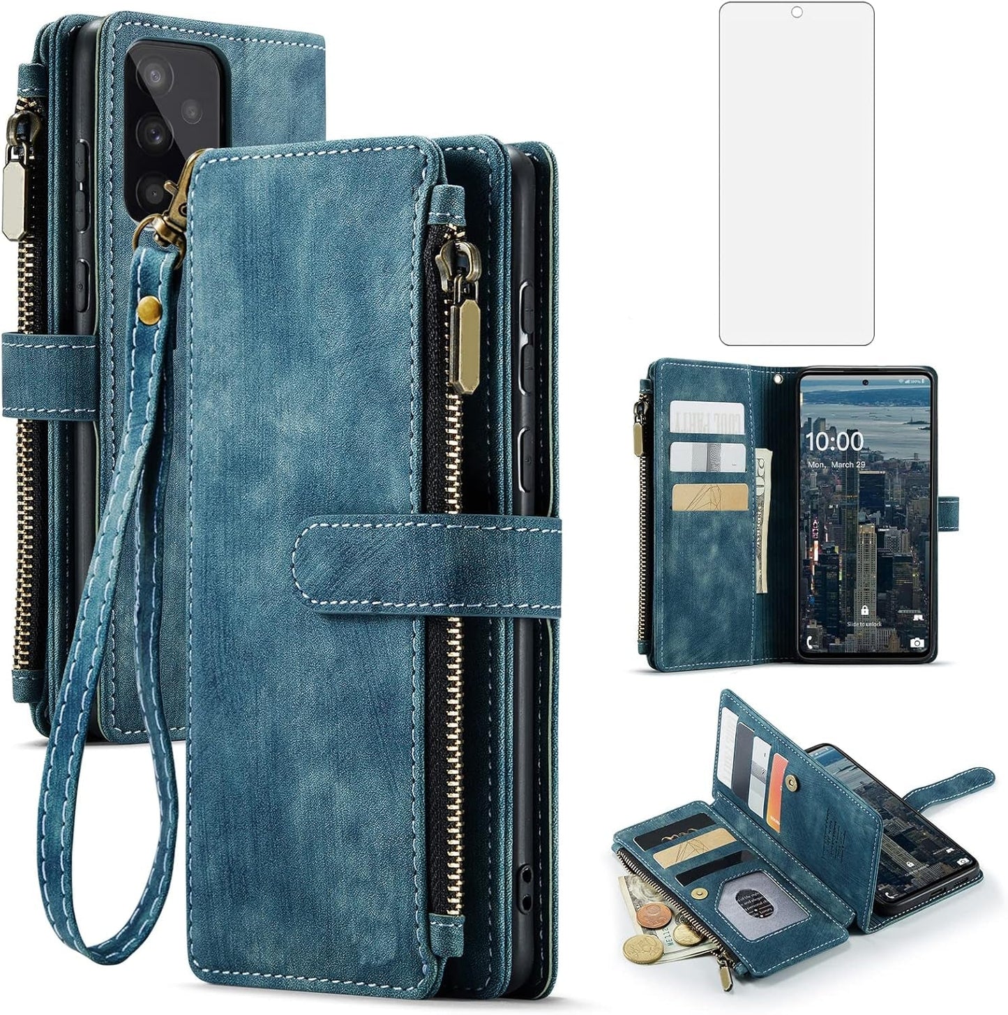 Asuwish Phone Case for Samsung Galaxy A53 5G 2022 Wallet Cover and Tempered Glass Screen Protector Leather Flip Credit Card Holder Cell Accessories Gaxaly A53 G5 Galaxies 53A SM A536U Women Men Black