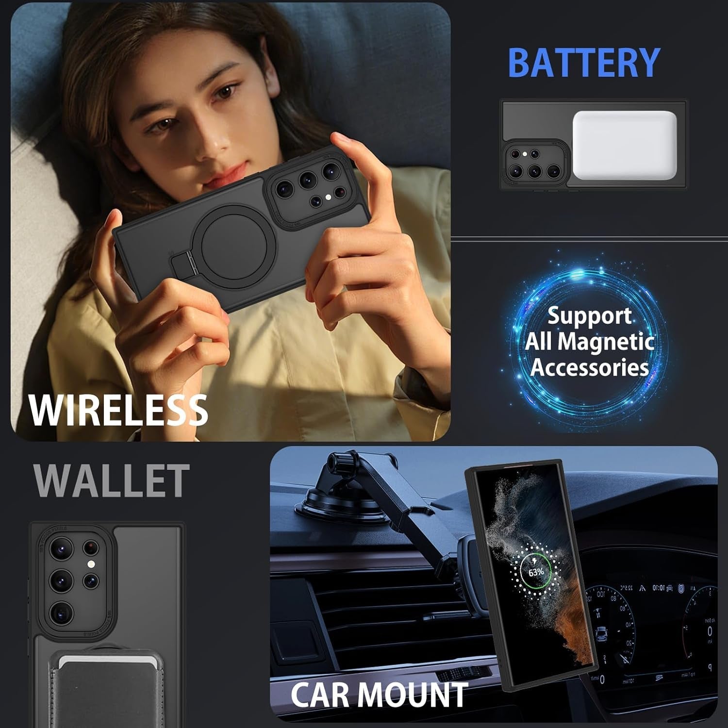 DUEDUE for Samsung Galaxy S22 Ultra Case with Ring Stand[Compatible with Magsafe], Translucent Matte Back Full Body Cover Slim Shockproof Kickstand Phone Case for Samsung S22 Ultra 6.8", Black