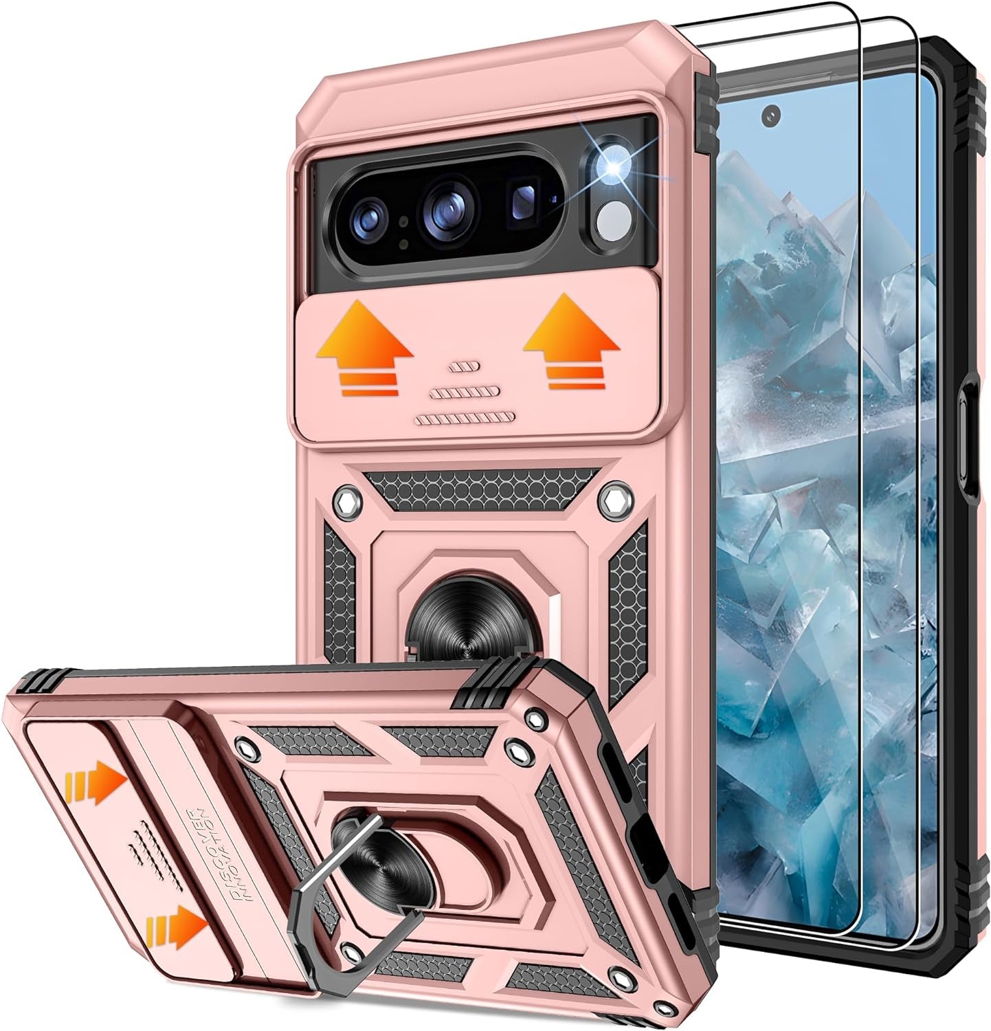 Fit for Google Pixel 8 5G Case with Screen Protector (2 Pack) & Slide Camera Cover, Build in 360° Magnetic Rotating Ring Kickstand [Military Grade] Protective Case for Pixel 8 Case, Green  Gritup Rose Gold Google Pixel 8 Pro 6.7" 