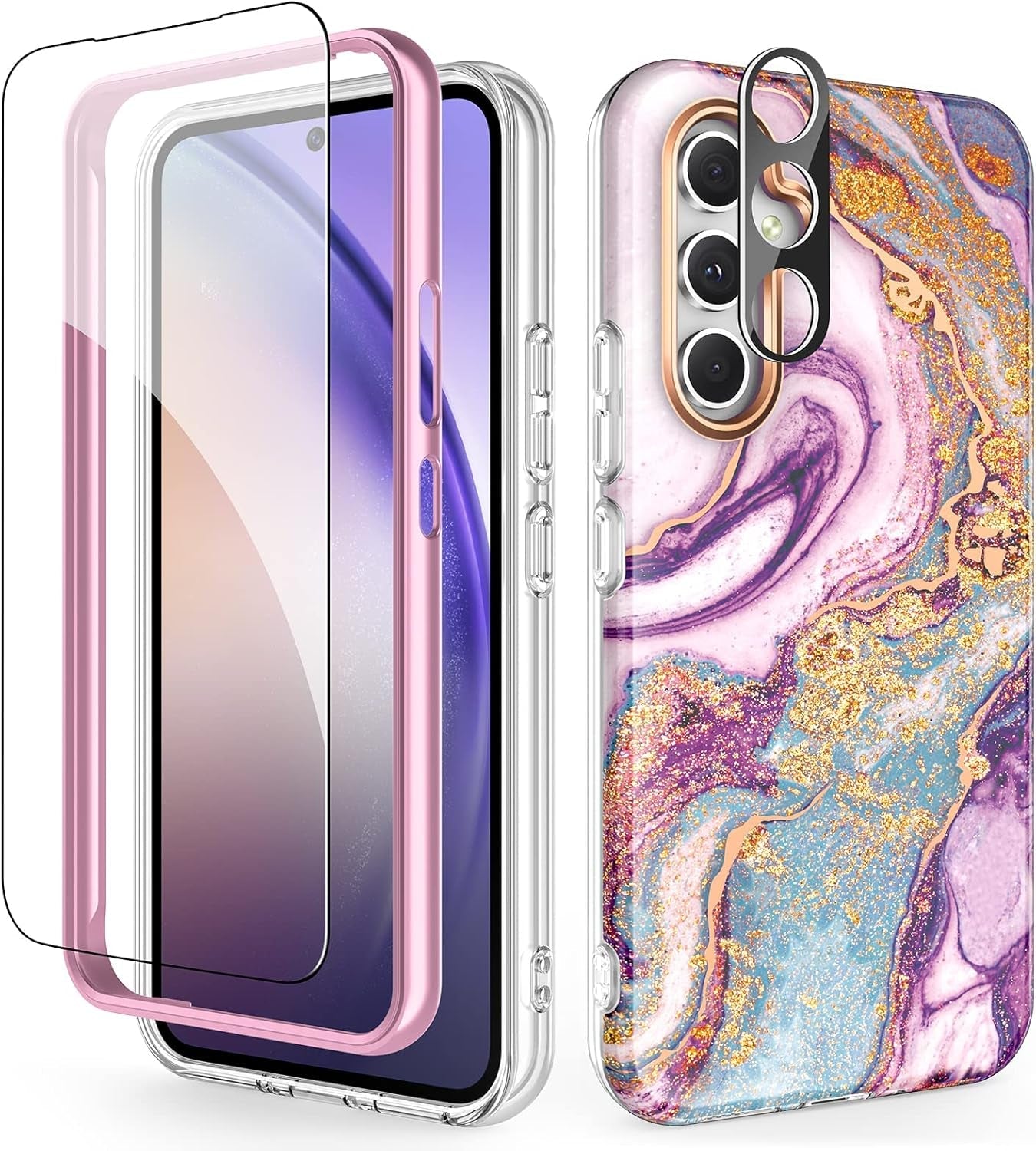 Case Compatible with Samsung Galaxy A53 5G (2022 Released), Marble Stylish Slim Soft TPU, Full Body Protective with Built-In Screen Protector, Shockproof Cover for A53, Black & Pink