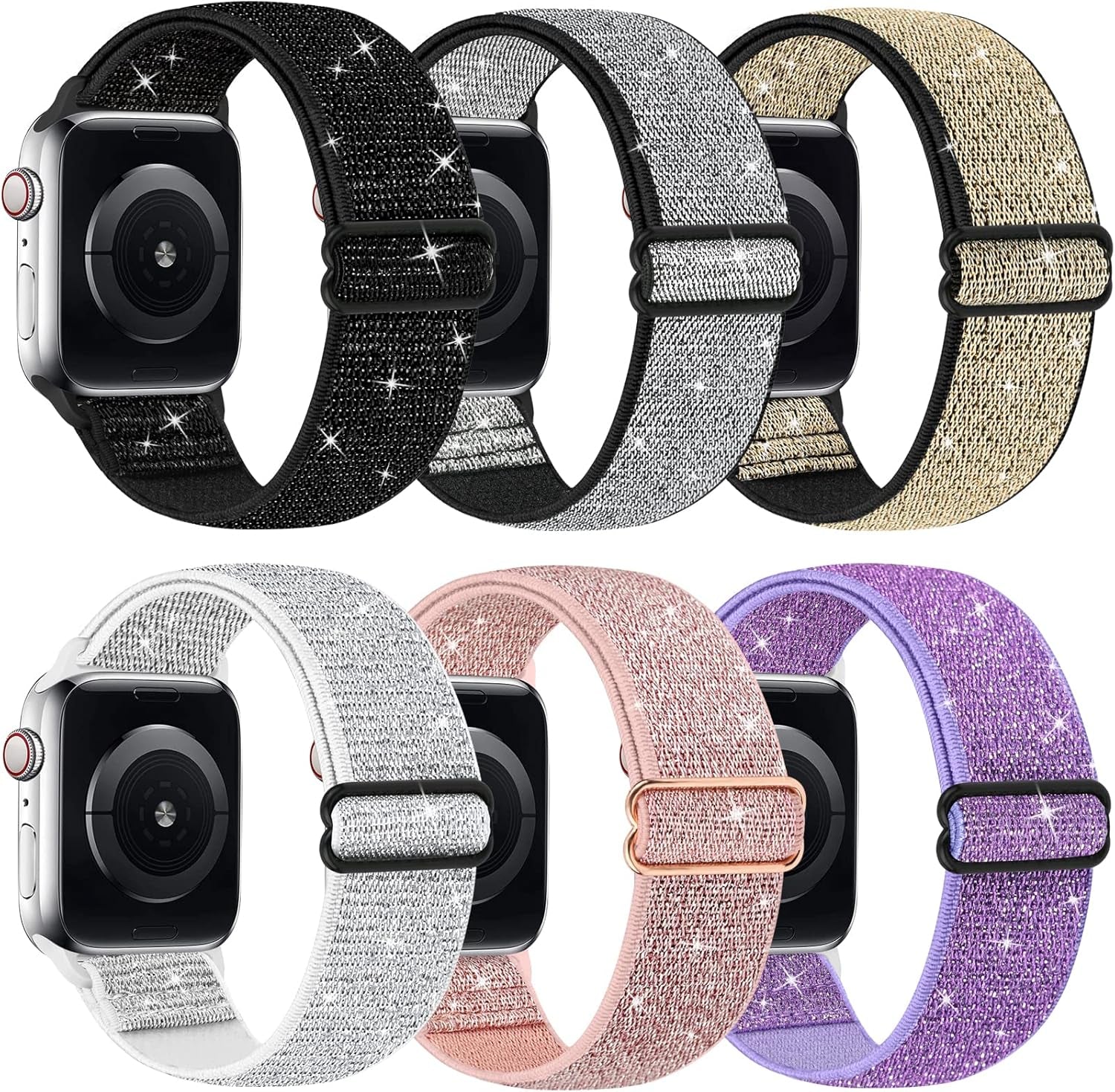 Bling Nylon Stretchy Bands Compatible with Apple Watch Bands 38Mm 40Mm 41Mm 42Mm 44Mm 45Mm 49Mm for Women Girls, Adjustable Braided Solo Loop Sport Bands for Iwatch Series 9 8 7 6 SE 5 4 3 2 1, 6 Packs