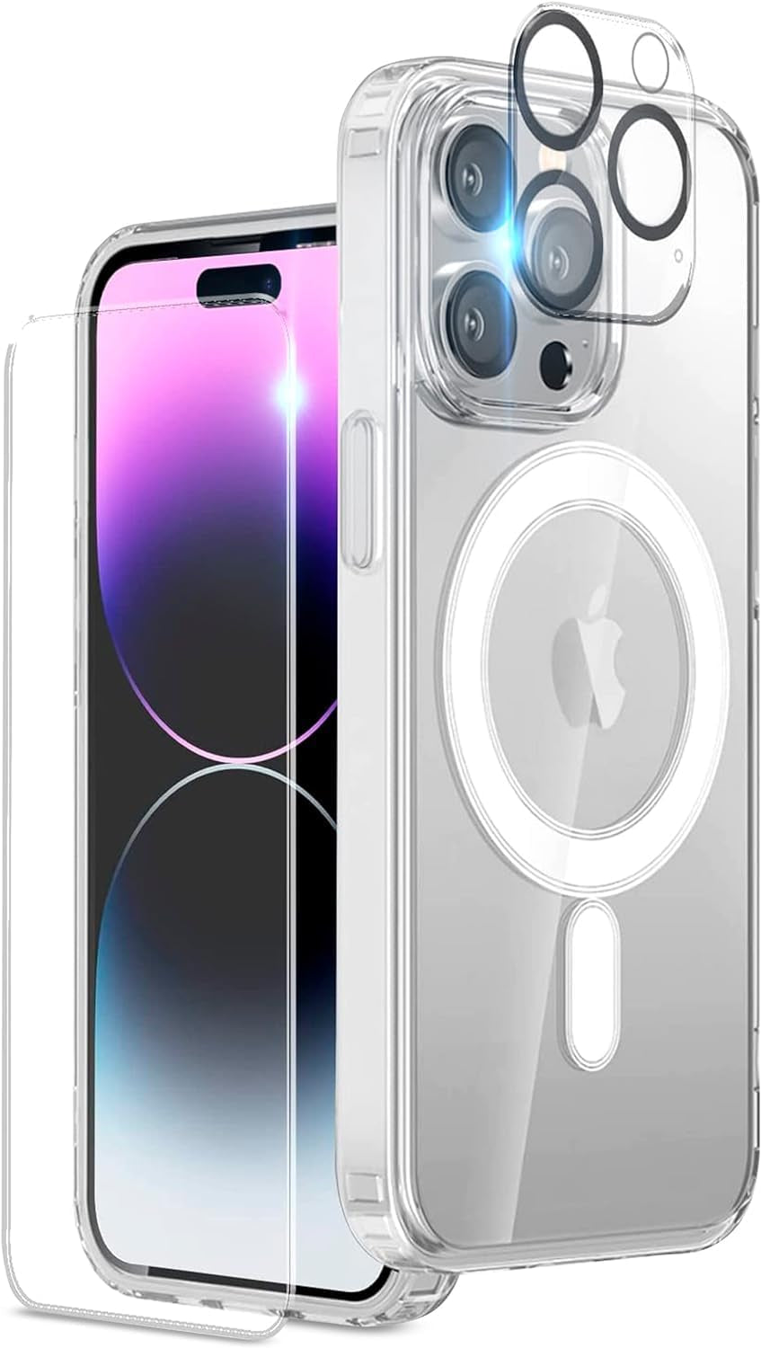 3 in 1 for Iphone 15 Pro Max Case - Magnetic - Clear - Compatible with Magsafe Ring - Not-Yellowing - Strong Magnetic Case - Clean Cover with 1 Glass Screen 1 Camara Lens Protectors Included  Guangzhou Pinjun Electronics Co., Ltd.   