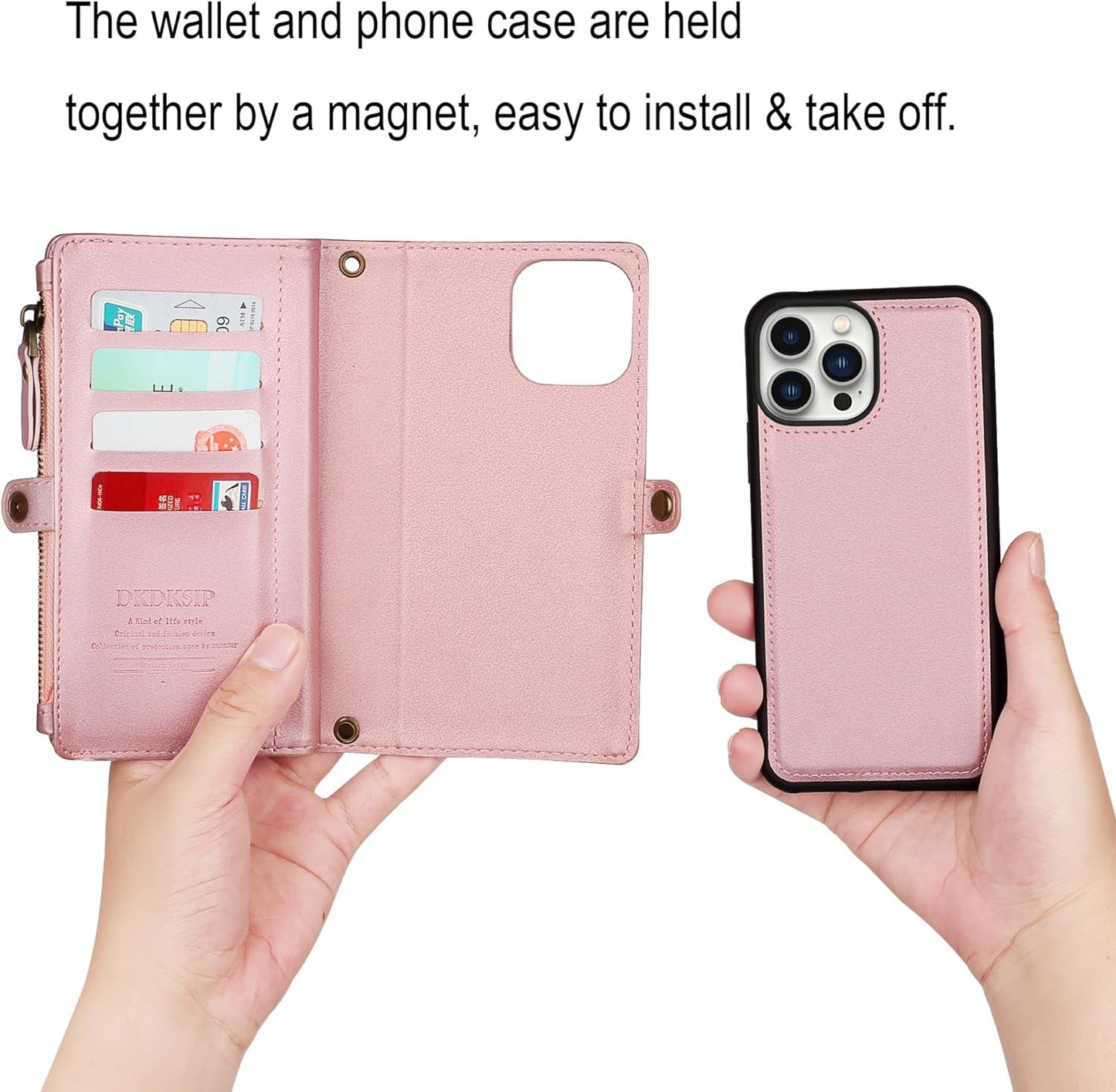 DKDKSIP for Iphone 15 Pro Wallet Case for Women, Support Wireless Charging with RFID Blocking Card Holder, PU Leather Zipper Wallet Detachable Magnetic Phone Case with Crossbody Strap, Pink  DKDKSIP   
