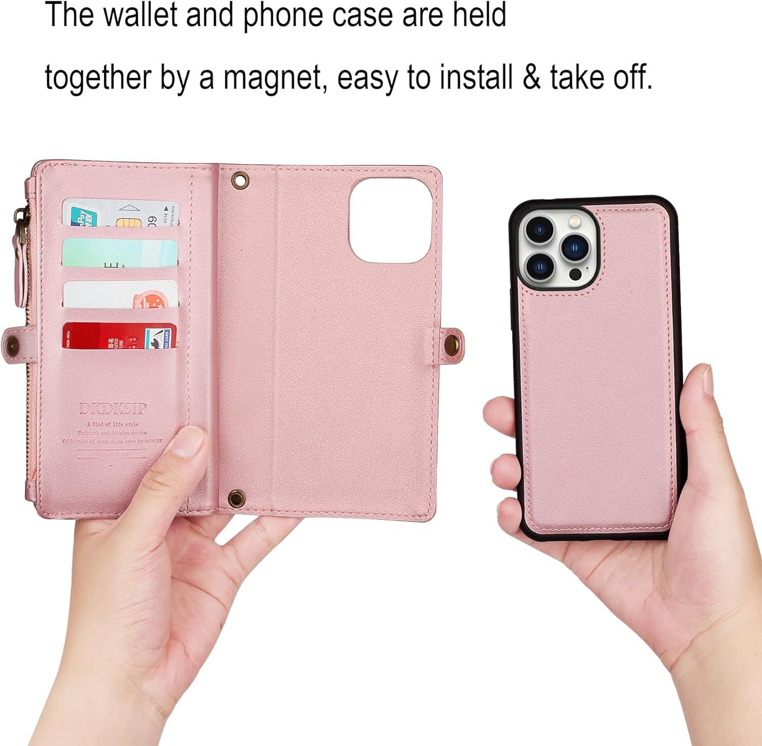 DKDKSIP for Iphone 15 Pro Wallet Case for Women, Support Wireless Charging with RFID Blocking Card Holder, PU Leather Zipper Wallet Detachable Magnetic Phone Case with Crossbody Strap, Pink  DKDKSIP   