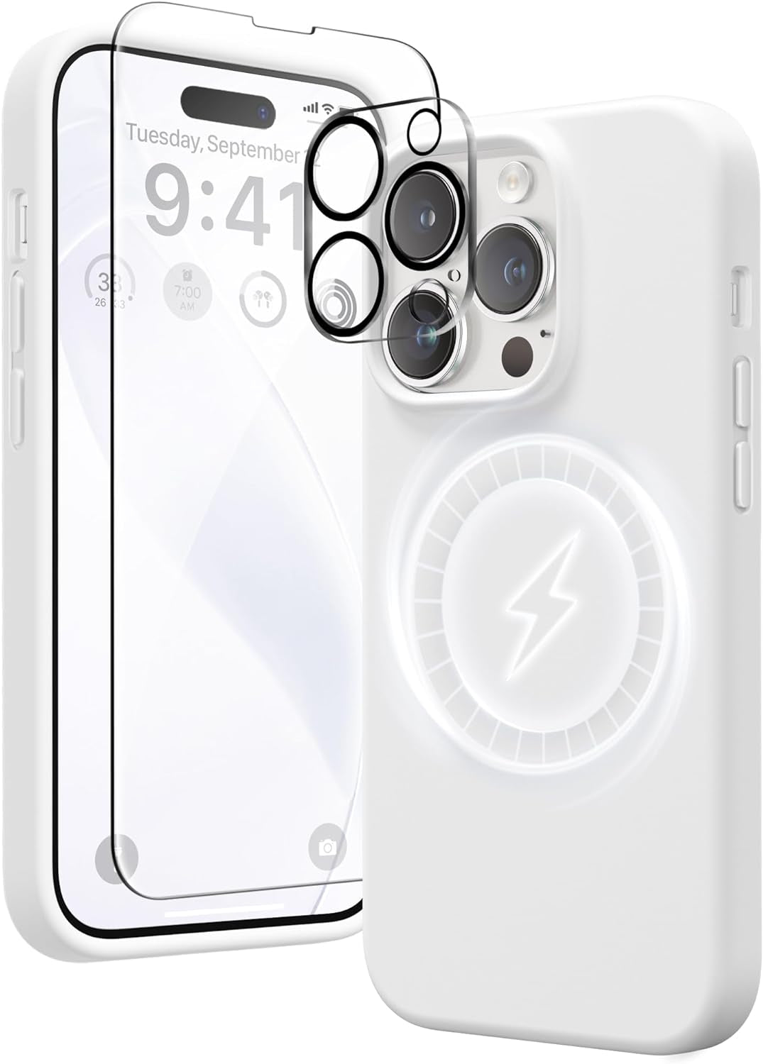 GONEZ for Iphone 14 Pro Max Case Silicone, Compatible with Magsafe, with 2X Screen Protector + 2X Camera Lens Protector, Liquid Silicone Shockproof Protective Iphone 14 Promax Case, Blue  GONEZ White  