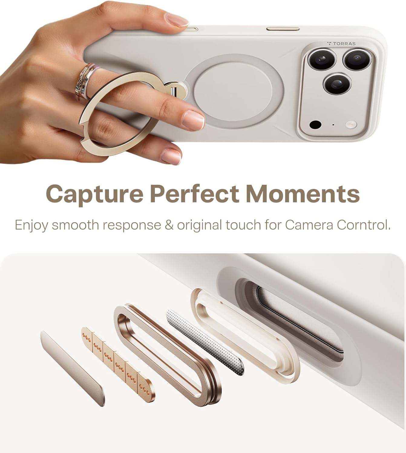 TORRAS Ostand Q3 Silicone for Iphone 17 Pro Max Case, Fit for Magsafe, 360 Spin Stand, Soft Liquid Silicone Cozy Grip, Camera Control, Protective Case for Iphone 17 Pro Max for Women, Ivory Gold