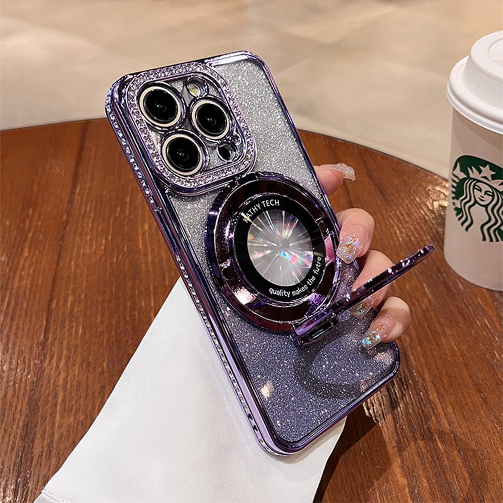 Fycyko Magnetic Case for Iphone 14 Pro with Holder Stand,Rhinestone Glitter Plated Bling Luxury Phone Case（Compatible with Magsafe） Shockproof Kickstand Design for Iphone 14 Pro-Purple  Fycyko   