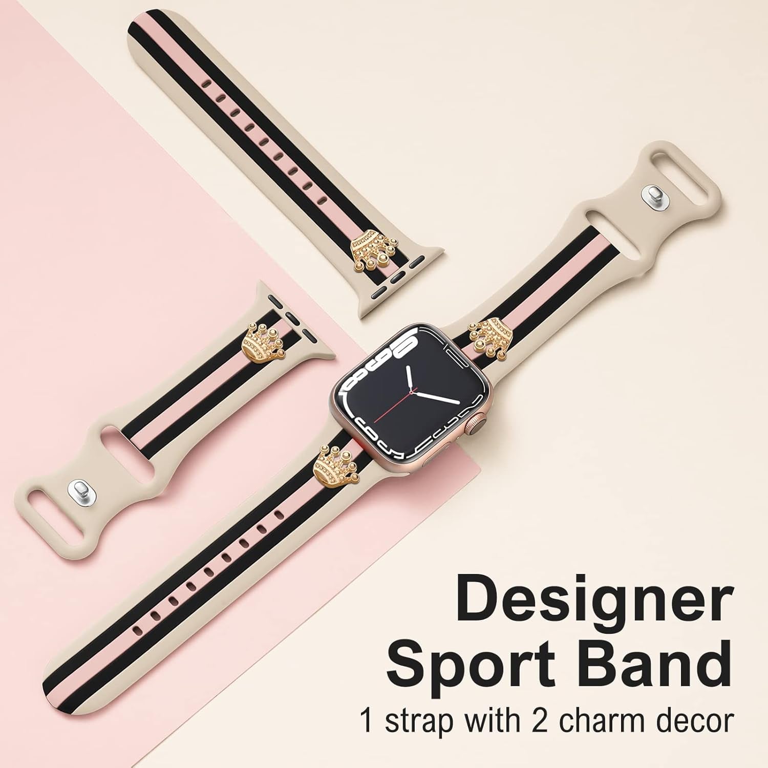 Designer Band with Charms Decor Compatible with Apple Watch Band 38Mm 40Mm 41Mm Women Men, Stylish Silicone Sport Wristbands for Iwatch Series 8 7 6 5 4 3 2 1 SE Ultra