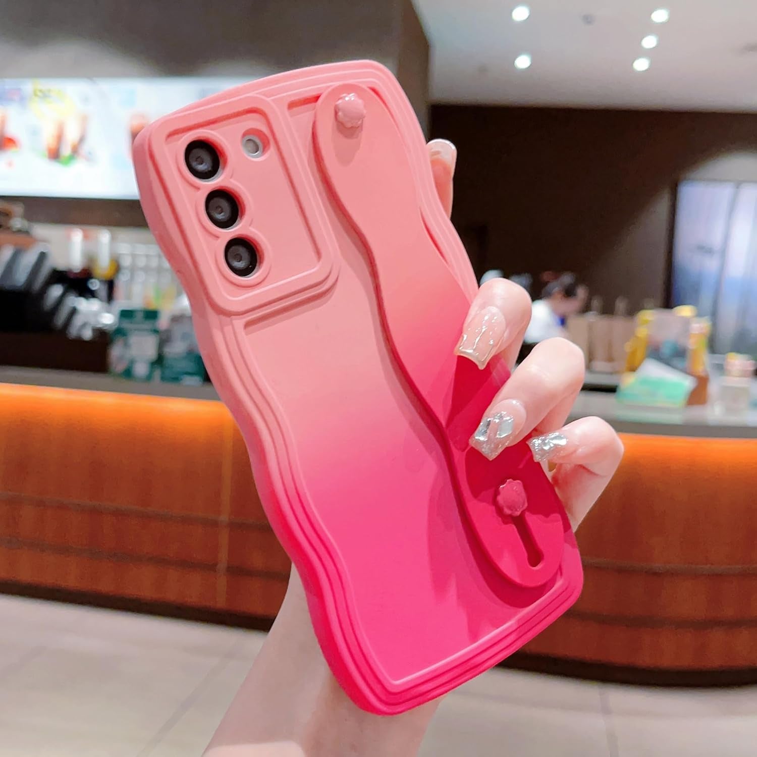 For Samsung Galaxy S22 plus Case with Wrist Strap Stand, Gradient Color Cute Wavy Curly Camera Lens Cover Soft Silicone Samsung S22+ Phone Case Cover 6.6" for Women Men (Hot Pink)