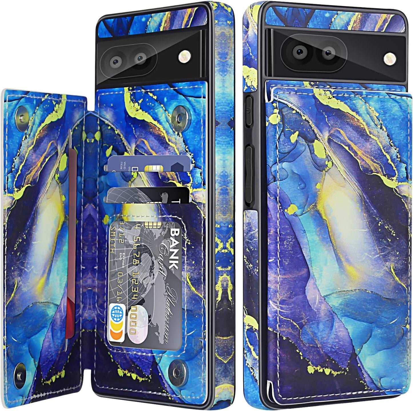 For Google Pixel 6A Case Leather Wallet with Card Holder, Flip Cover Kickstand Card Slots Magnetic Closure Shockproof Heavy Duty Protective Case for Google Pixel 6A 6.1Inch 5G-Rose Gold  Bizzib Blue Marble  