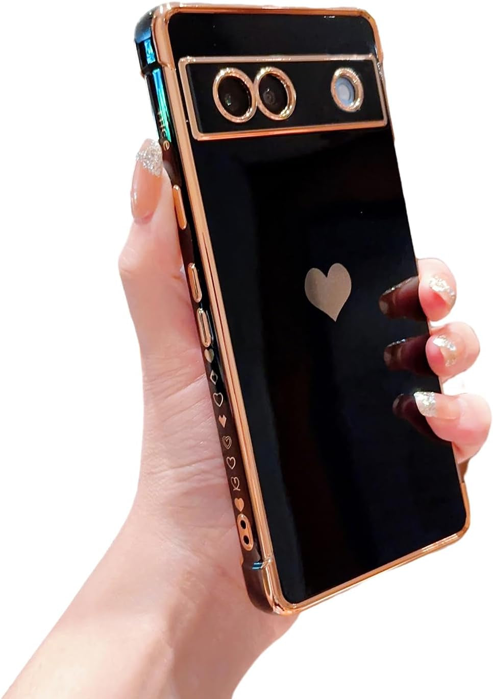 Phylla Compatible with Google Pixel 7A 6.1” 5G Phone Case Luxury Plating Cute Love Heart Side Small Pattern Case Full Camera Protection Soft Silicone Shockproof Bumper Cover (Blue)  PHYLLA Black  