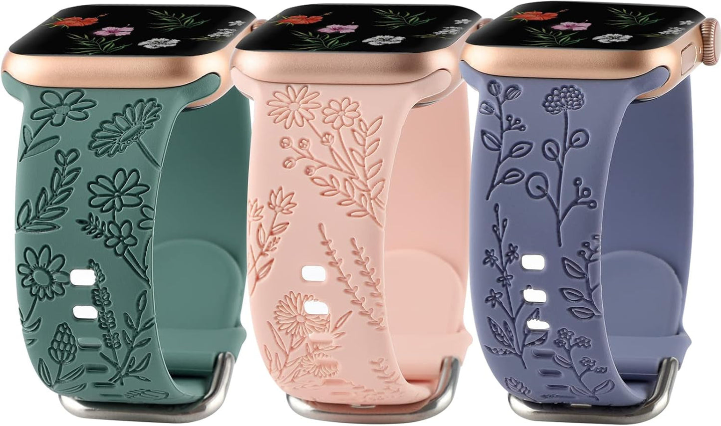 Floral Engraved Sport Bands Compatible with Apple Watch Band 38Mm 40Mm 41Mm, Women Cute Flower Pattern Soft Silicone Strap Smartwatch Wristband Accessories for Iwatch Series 8 7 6 5 4 3 2 1 SE