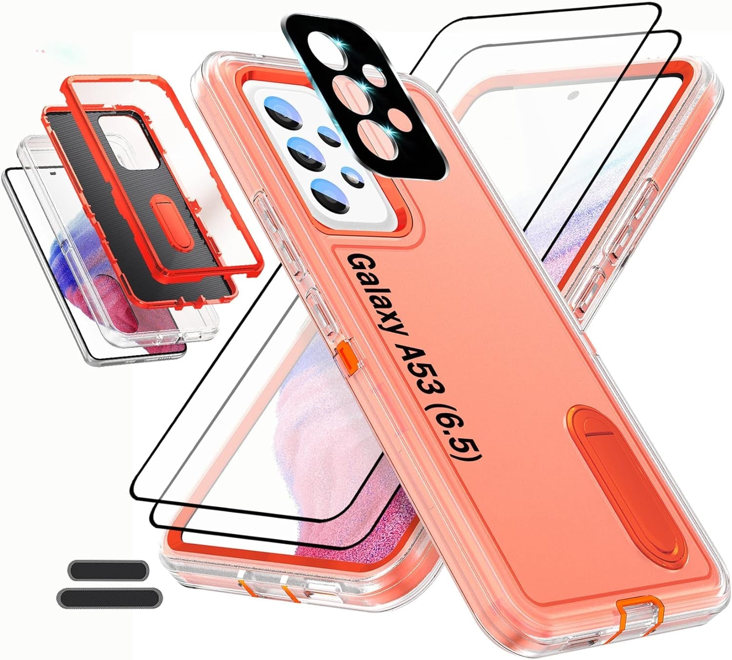 Case Is Specially Designed for Galaxy A53(5G) 6.5 Inch, Full Body Protection Heavy Duty Shock Absorbing 3 in 1 Silicone Rubber Built-In Stand with 2 Tempered Screen Protectors-Orange/Clear