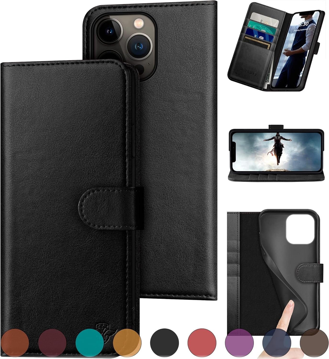 Ducksky for Iphone 15 Pro 6.1" Genuine Leather Wallet Case 【RFID Blocking】【4 Credit Card Holder】【Real Leather】 Flip Folio Book Phone Case Protective Cover Women Men for Apple 15 Pro Case Khaki  DuckSky   