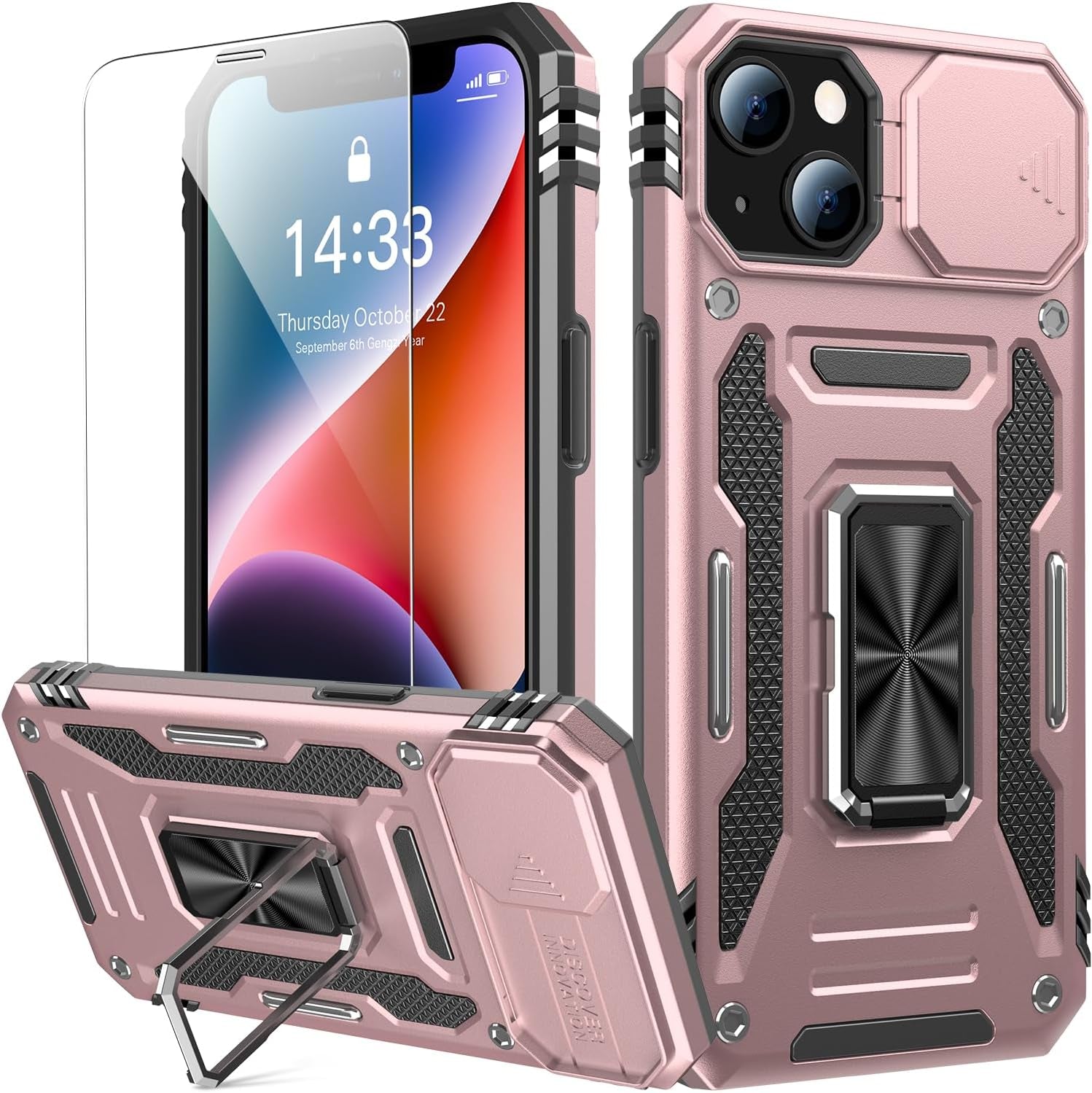 Goodon for Iphone 14 Pro Max Case with Slide Camera Cover + Screen Protector, Built in Rotated Ring Magnetic Kickstand Military Grade Shockproof Protective Phone Case 6.7" Pale - Green  Goodon Rose Gold Iphone 14 Plus 6.7" 